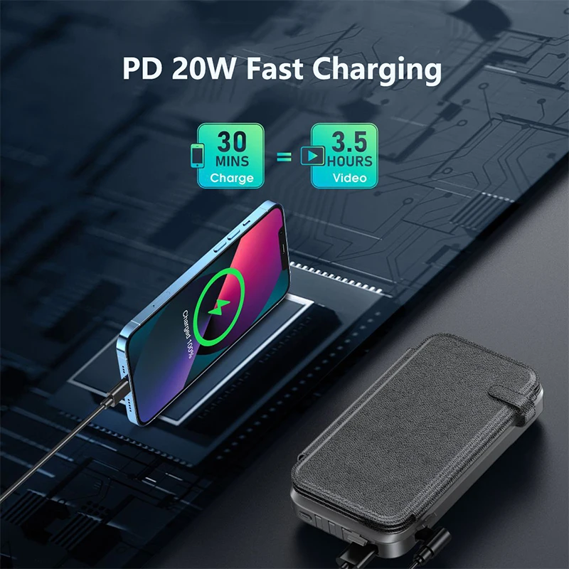 방수 태양열 보조배터리 고속 무선 충전기, 아이폰 15, 14, 삼성, 화웨이, 샤오미, PD 20W 고속 충전 보조베터리, 43800mAh