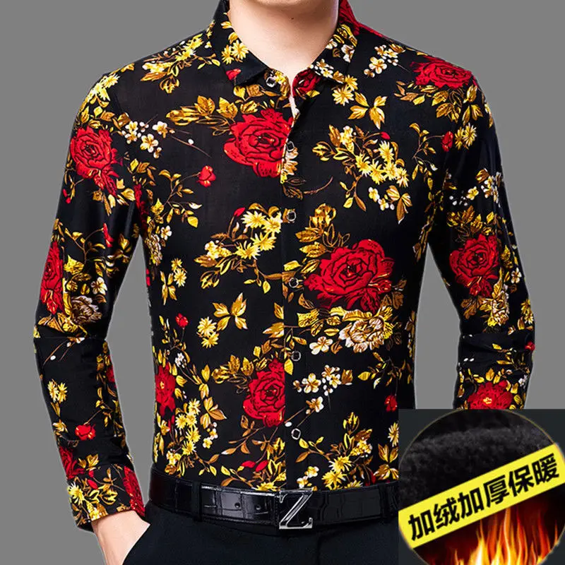 2023 New Men\'s Clothing Shirt Autumn Winter Thick Polo-Neck Long Sleeve Loose Oversized Fashion Casual Business Printed Tops