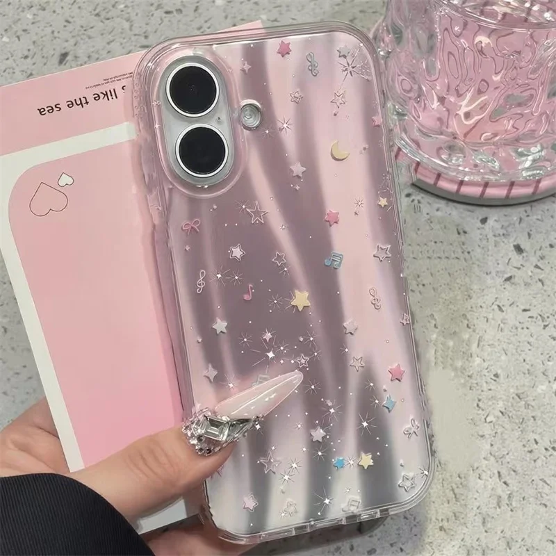 النيزك IND الوردي التدرج الموسيقى ستار القمر طبقة مزدوجة تموج جراب هاتف آيفون 11 12 13 14 15 16 برو ماكس