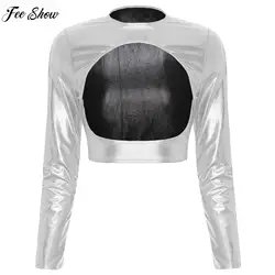 Womens Metallic Shiny Cut Out Open Bust Crop Top Long Sleeve Open Front Bodycon Tank Shirts Tempting Tee Top Clubwear