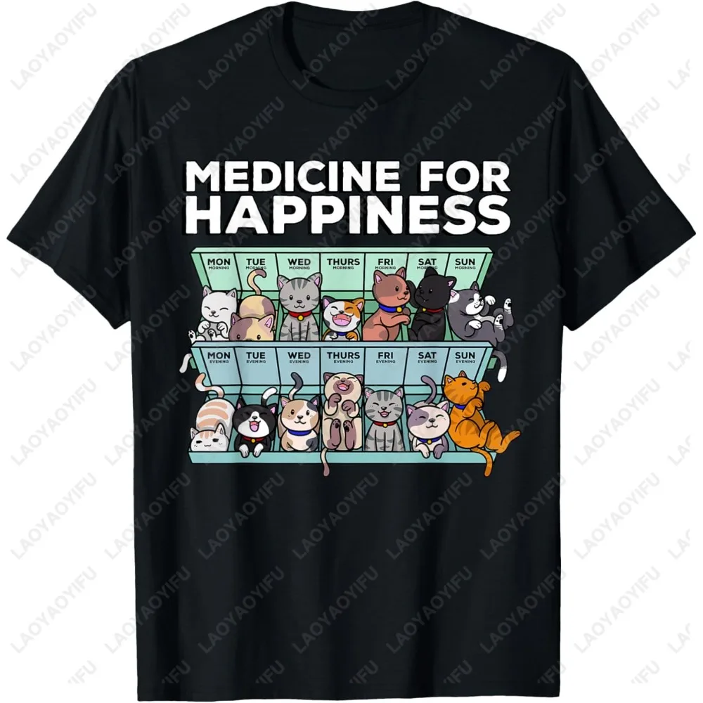Camiseta Medicine For Happiness con estampado de gatos de dibujos animados, camiseta con estampado de caja de pastillas, camiseta informal de algodón transpirable de primera calidad, manga corta, cuello redondo