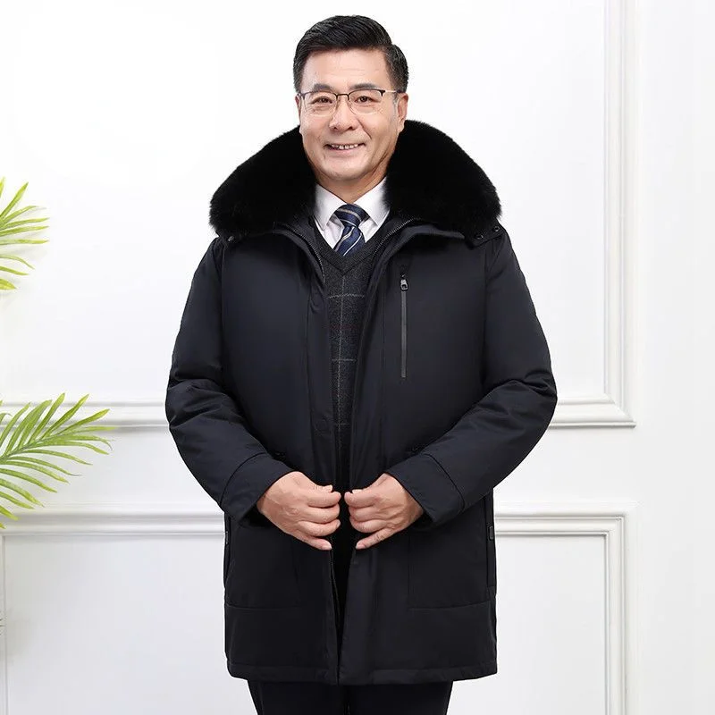 2024 Winter Men's New Middle-aged Thicken Outerwear Male Fox Fur Collar Hooded Down Jackets Men White Duck W22