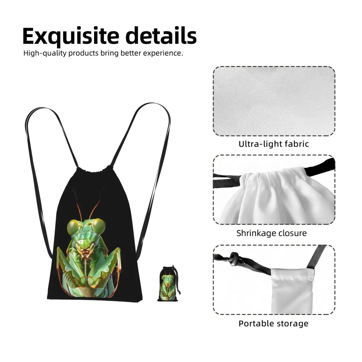 Green Praying Mantis, Eerie Insect Art Drawstring Backpack hiking cycling Bag Portable Travel Drawstring Bag for Men Women