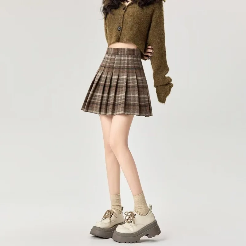 Womens High Waist Plaid Print Pleated A Line Mini Skirt