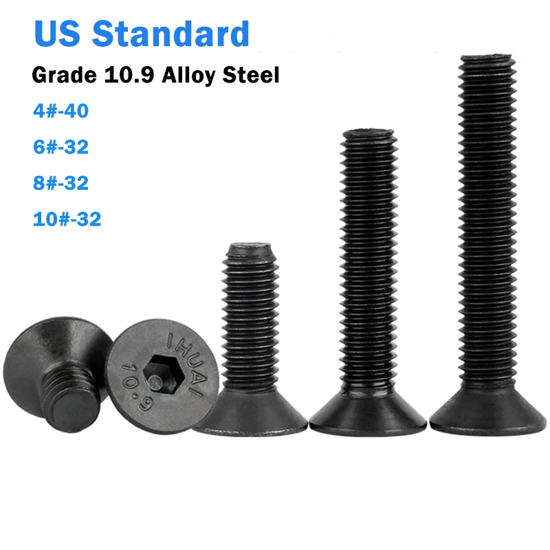 US Standard Countersunk Head Hex Hexagonal Socket Screw UNC 4#-40 6#-32 8#-32 10#-32 Black Grade 10.9 Steel Flat Head Allen Bolt