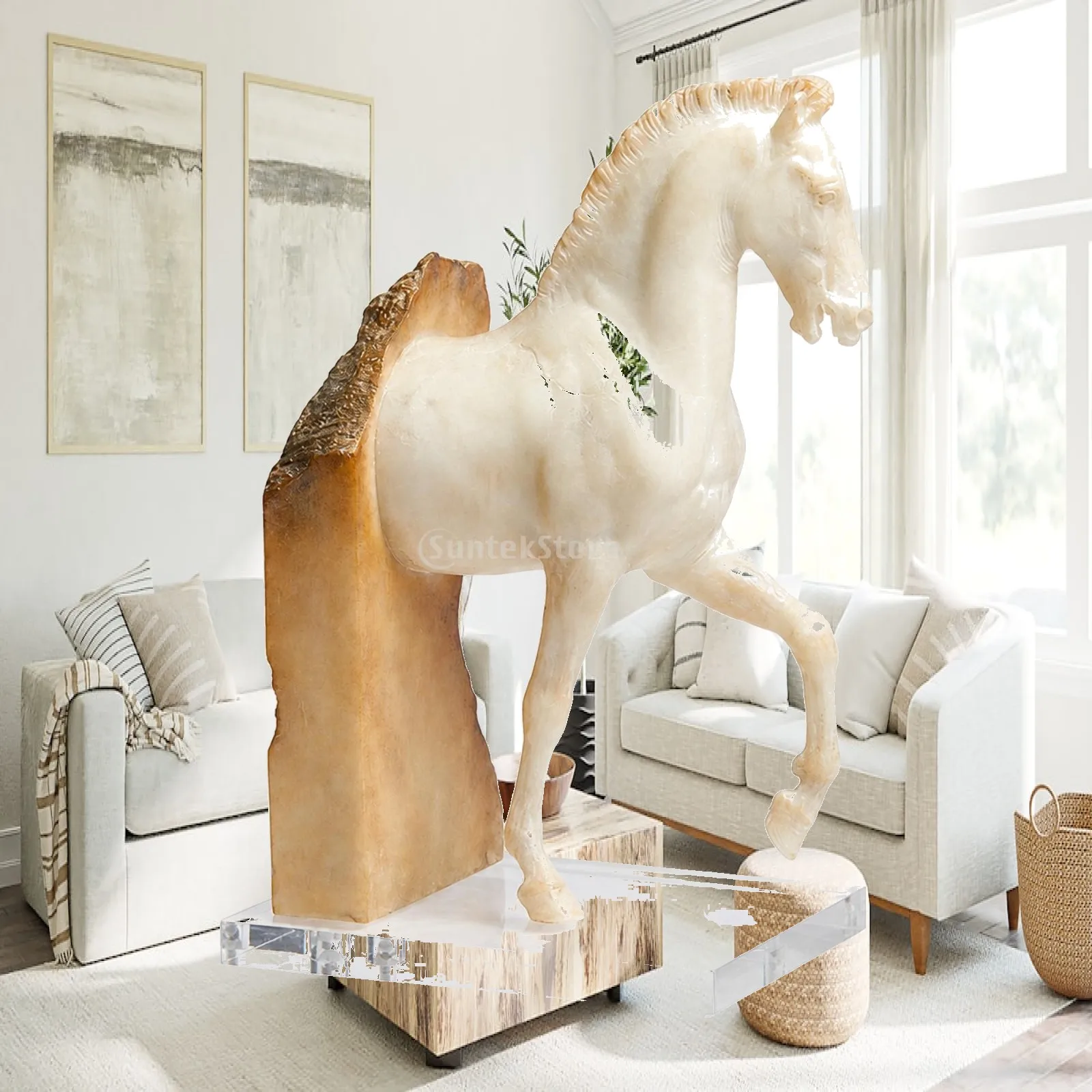 Horse Art Sculpture Resin Abstract Figurine Retro White for Living Room Decor Statue with Acrylic Support Base