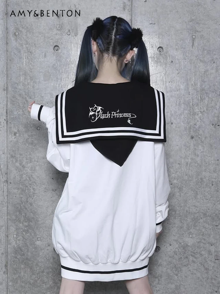 

Japanese Harajuku Cross Embroidery Color Block College Style Navy Collar Scarf Loose Long Sleeve Jacket Subculture Gothic Jacket