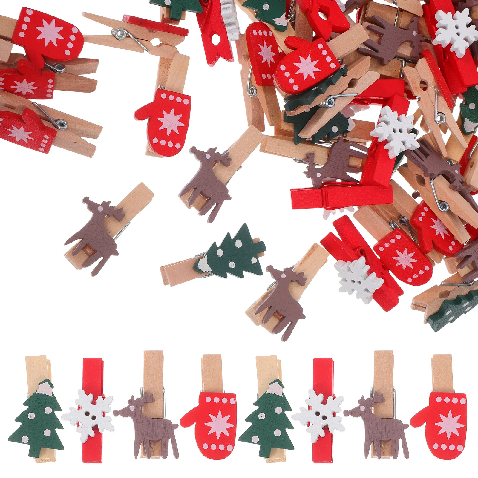 

100Pcs Christmas Wood Clips Mini Clothespins Tree Snowflake Elk Gloves Designs Photo Clips Photo Holders Cards Paper Crafts