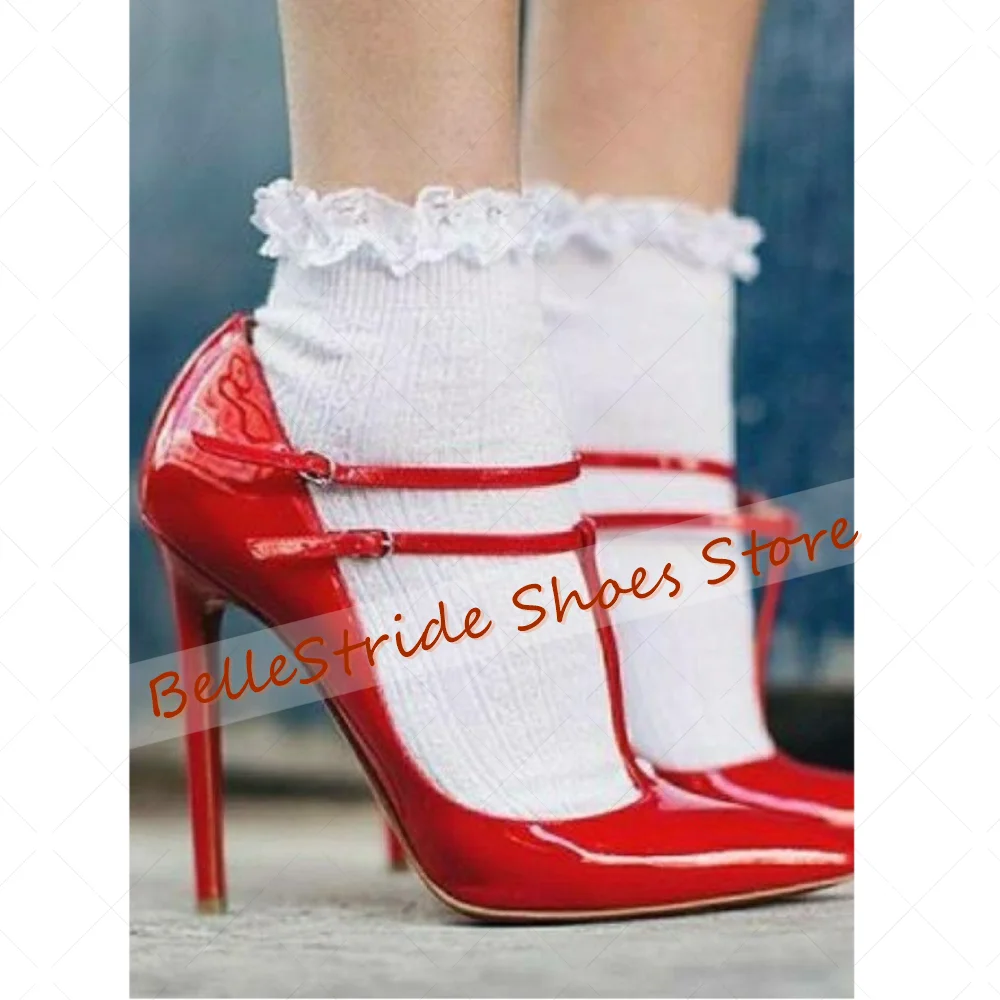 

Red Pointed Toe Patent leather Pumps T-strap Women Shoes Stilettos High Heels Party Banquet Dating 2025 Zapatos Para Mujere