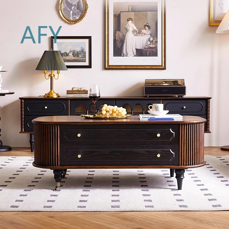 French Vintage Oval Coffee Table for Living Room Wooden TV Stand with Storage Cabinet Mid Century Modern Side Table for Sofa