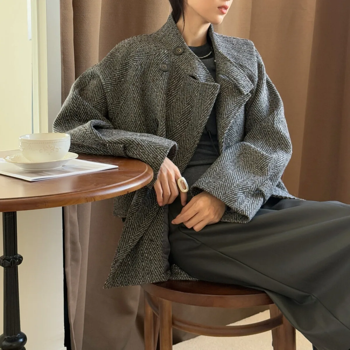 KWTX Damski płaszcz wełniany w stylu vintage, projektant, nowość 2025, 100% wełna, z paskiem, stójka, jednorzędowy, elegancki, casualowy, zimowy, jesienny