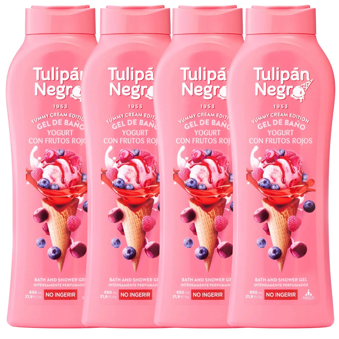 Pack de 4 geles de ducha tulipán negro - gel de baño yogur tulipán negro con frutos rojos 650 ml - aroma dulce y cremoso, hidratación y suavidad para el cuidado diario, una deliciosa fragancia que des