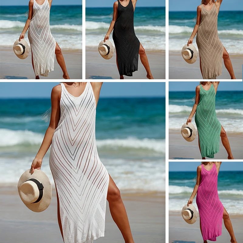 Casual  Women Dresses  Texture  Knitted  Long-Style  Sleeveless High Slit Beach Vacation Dresses For Women