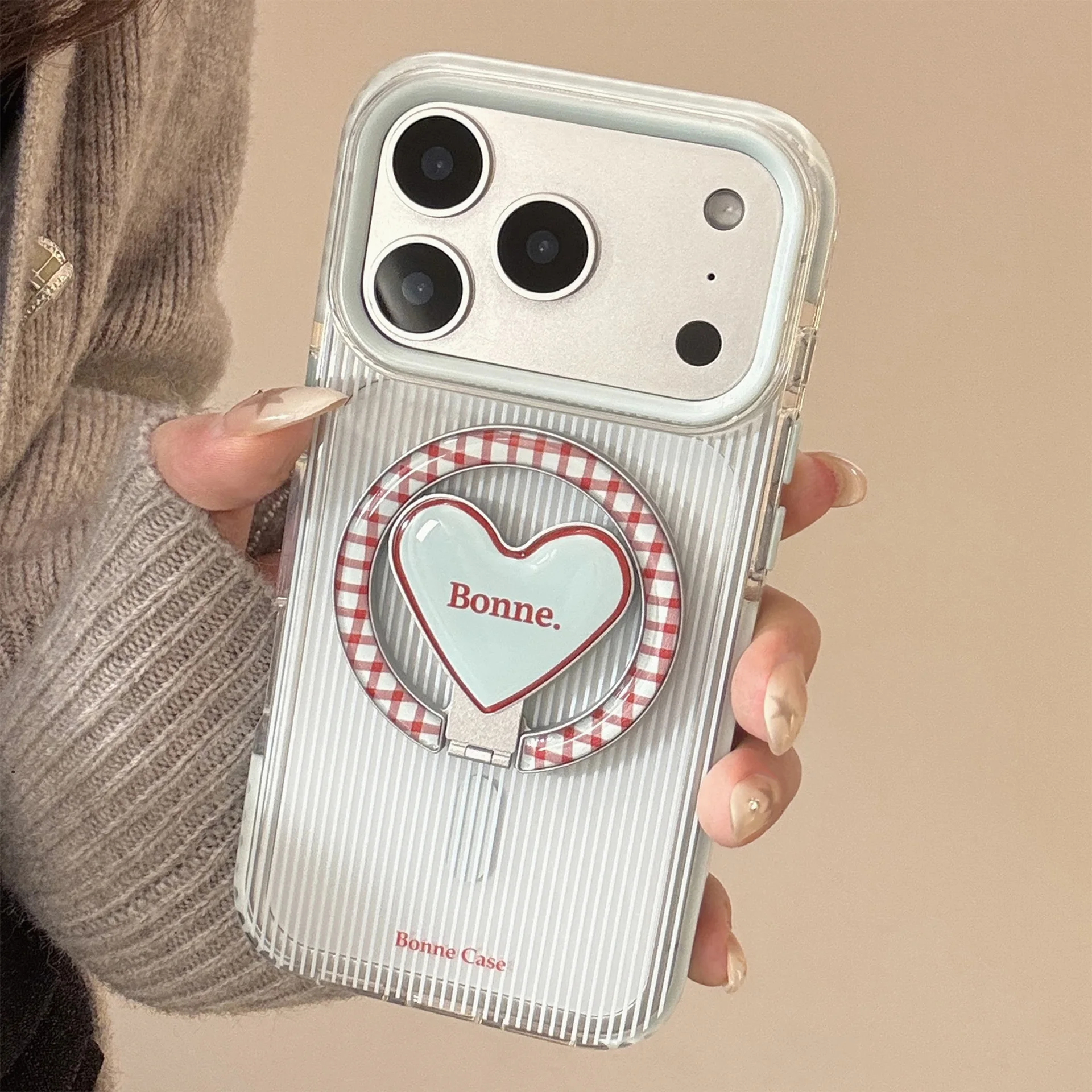 Koreanische gestreifte Handyhülle mit Karomuster, Falt-Herz-Magnetständer für iPhone 17 16 15 14 13 12 Pro Max, stoßfeste weiche Schutzhülle