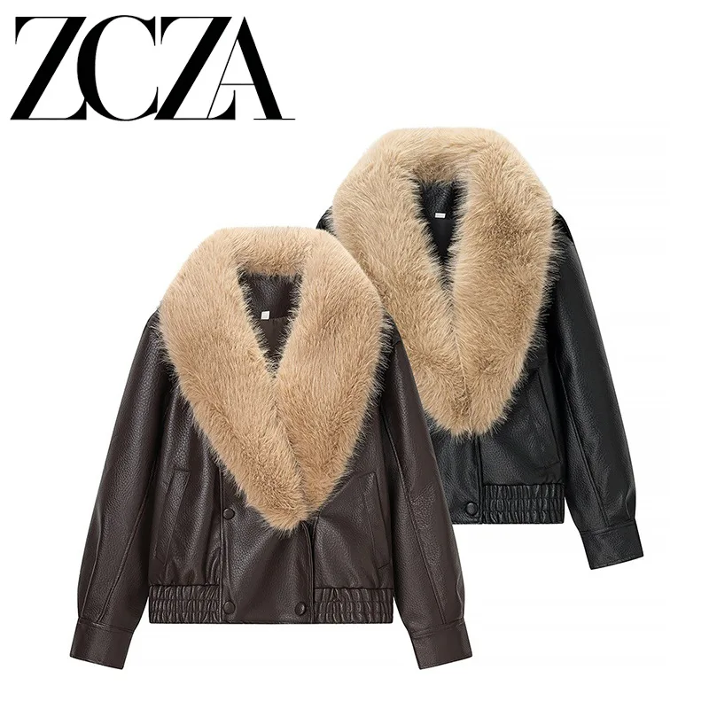Winter Women Loose Faux Leather Jacket Fashion Removed Big Fur Collar Causal Coat High Street Double Breasted Outwear