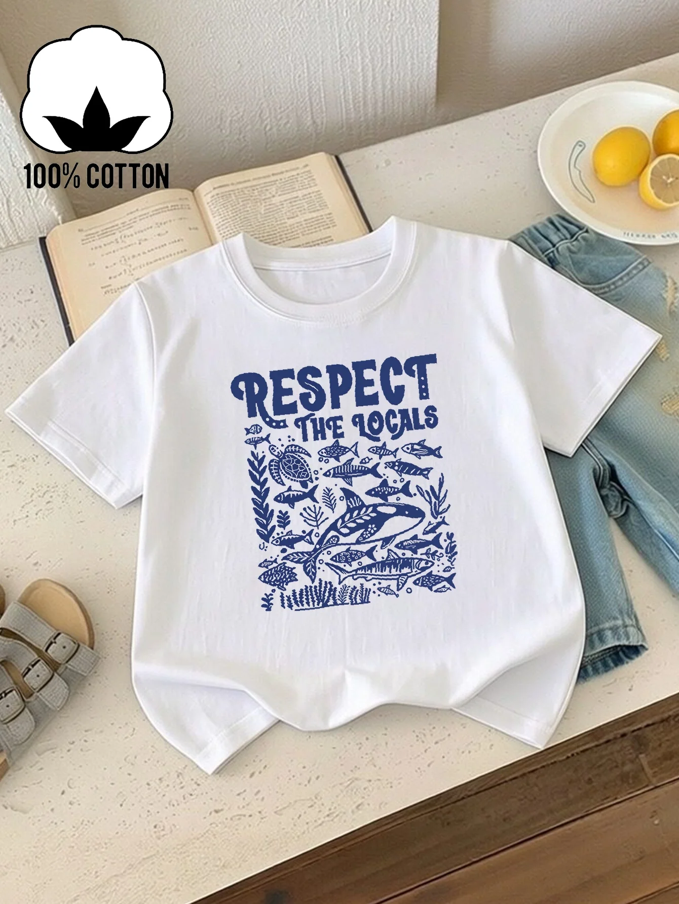 Respect Local People Marine Life Patterns Children's Round Neck T-shirt Comfortable Daily Casual Wear Parent-child Clothing