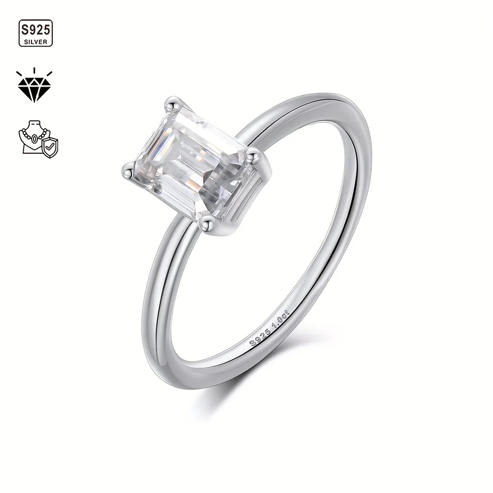 1pc S925 Sterling Silver with 1 Carat T-Square Grandmother Cut Moissanite Fashion Simple Ring, Gemstone Jewelry | Gifts for Moth