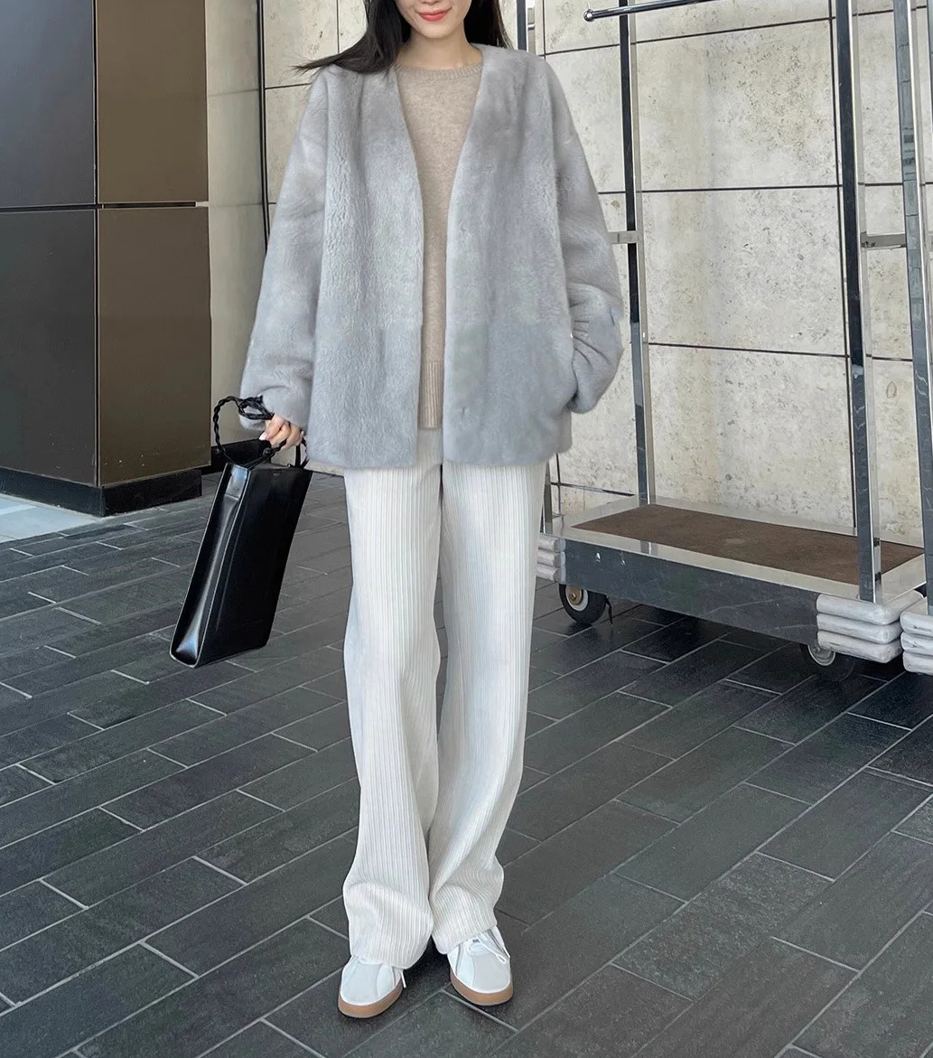 Pele de vison moda feminina com decote em v azul pele de vison nova imitação de pele de vison 2025 novo item