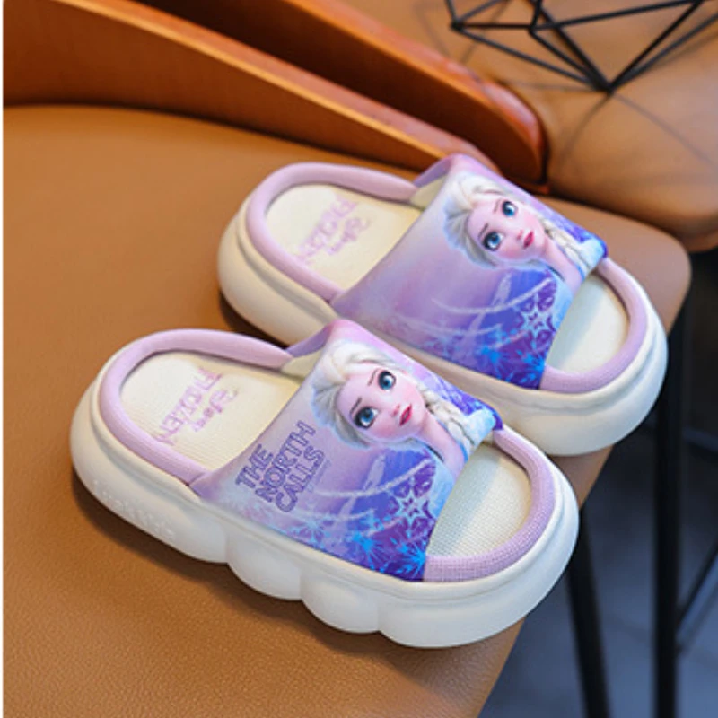 Disney-zapatillas de lino de princesa Elsa para niña, zapatos transpirables antideslizantes de suela gruesa para bebé, Zapatillas de casa de verano