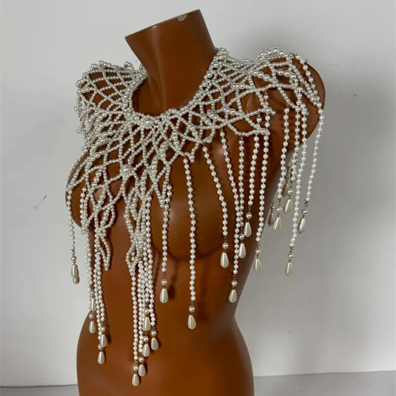 Vintage Damen Perlen-Körperkette, Schal mit Quasten, Perlenbesetzter Schulterumhang für Hochzeit, Brautparty, Abendkleid, Schmuck – Detail 4