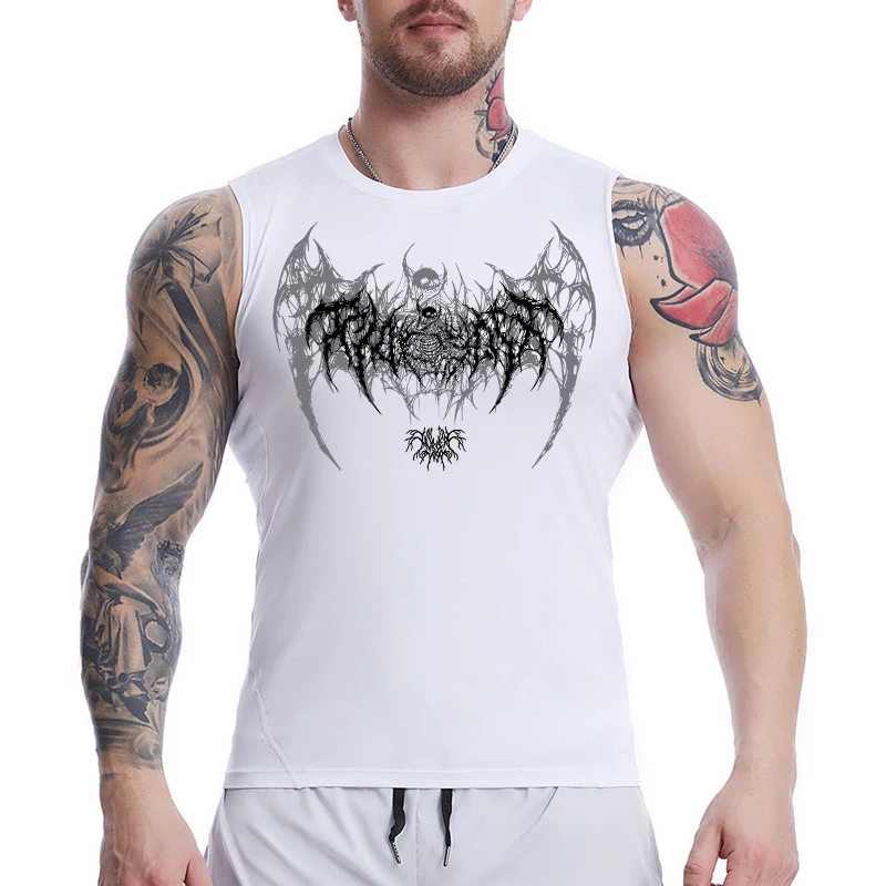 Ärmelloses Kompressionsshirt mit Totenkopf-Flügel-Print für Herren, sportliche, schnell trocknende Tanktops, Fitness-Workout-Lauf-Baselayers, Unterhemden – Detail 11