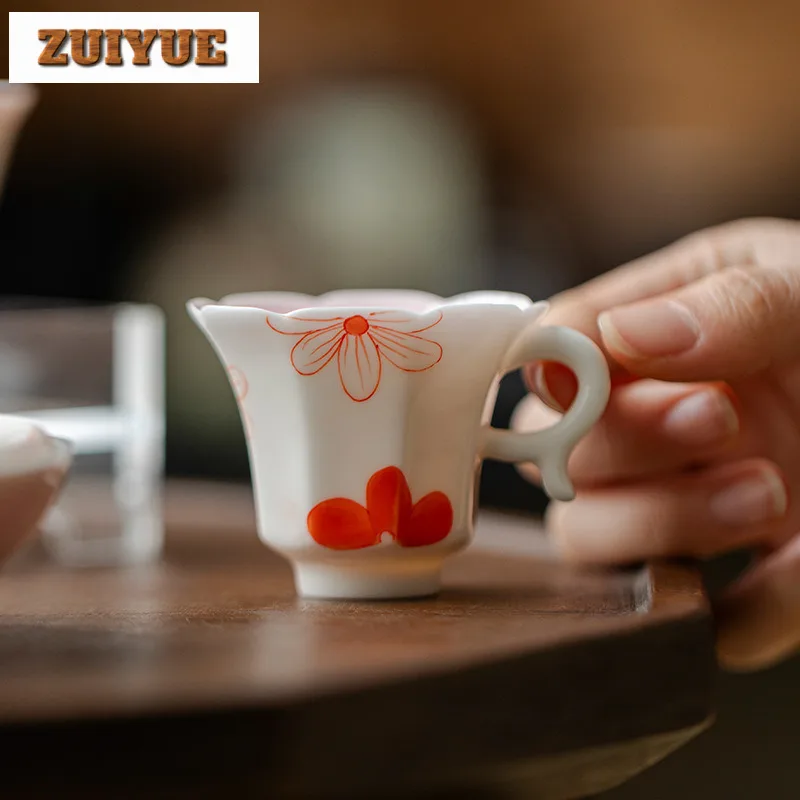 

40ml Hand Drawn Small Red Flower Teacup Elegant Tea Bowl Jug Fragrance Cup Chazhan Flower Tea Household Chinese Tea Set Supplies