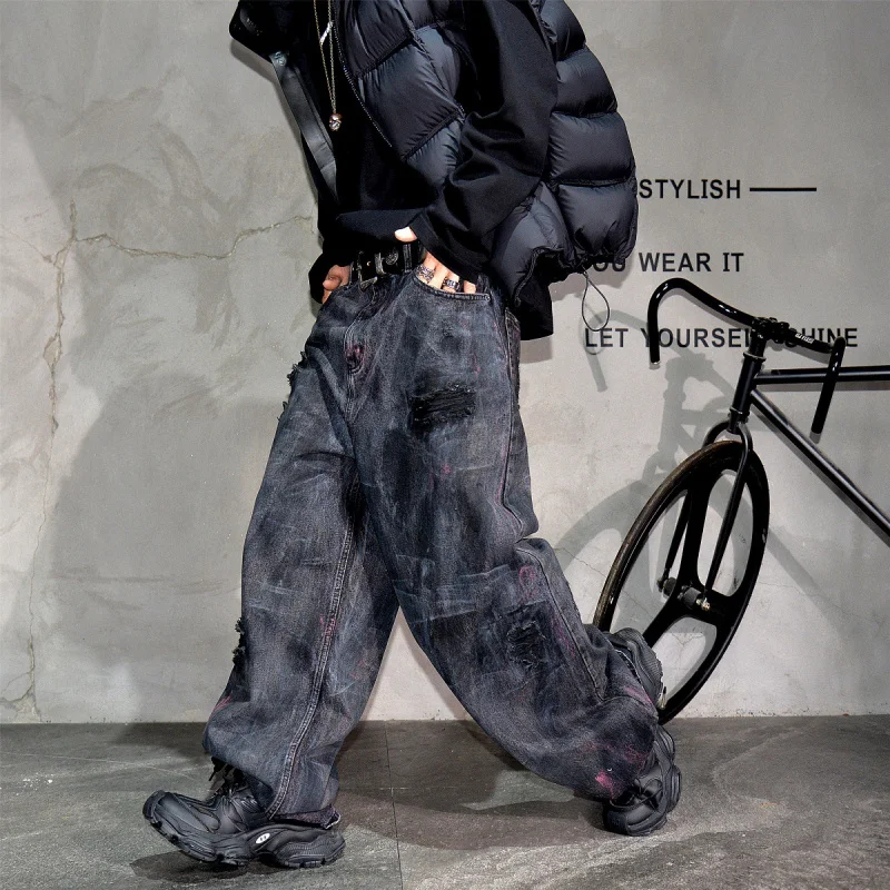 

American Vintage Vibe Black Distressed Straight Jeans Men, Streetwear Trendy Loose Wide Leg Denim Pants