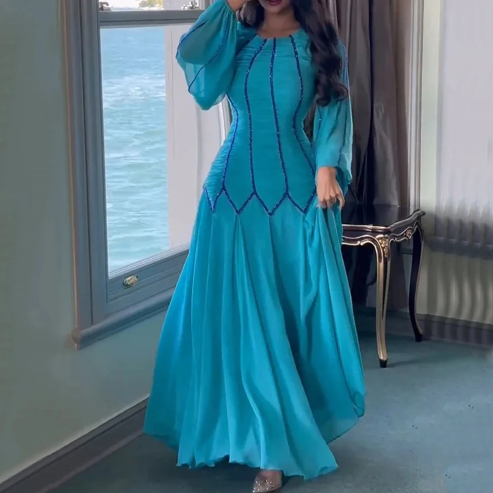 

Blue Chiffon A-Line Saudi Arabia Evening Dress O-Neck Lantern Long Sleeve Floor Length Women Customized فساتين للمناسبات الخاصة