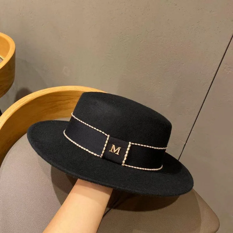 High Quality M Logo Wide Brim Double Sided Pure Wool Flat Top Fedora Hat, Korean Ribbon Elegant Autumn Winter Hat Gift For Mom