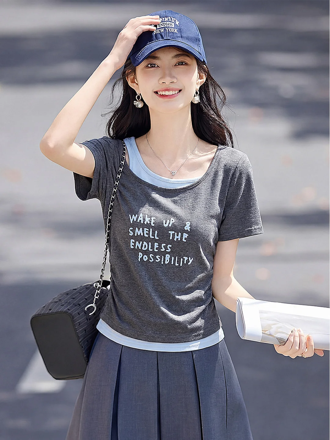 

Женская хлопковая футболка Xin Fei Yu Deep Grey, повседневная, с коротким рукавом, дышащая, приятная для кожи, летняя, новый стиль