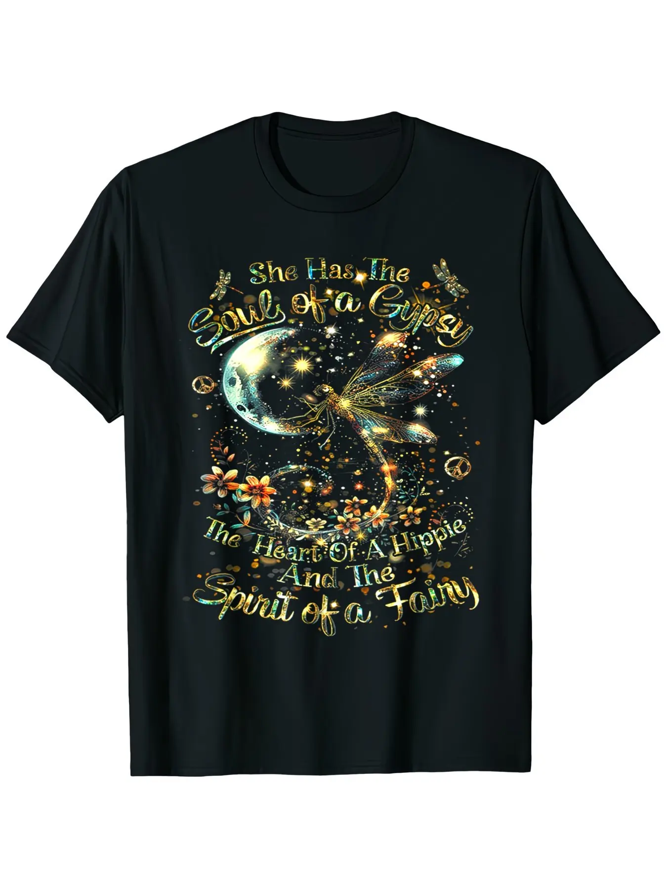 Enchanting Black T-Shirt with for colorful Fantasy Graphic Design Featuring a Glowing Fairy, Crescent Moon, And Whimsical Text She Has The Soul of a Gypsy,  Magical Bohemian Style with Sparkles And Decorative Floral Elements