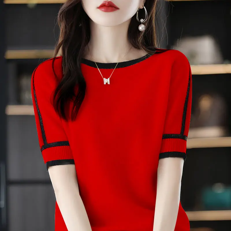 2023 Summer New Knitted Spliced Shirt Women's Fashion O-Neck Loose Korean Casual Pullover Full Set Commuter Top Women Blouses