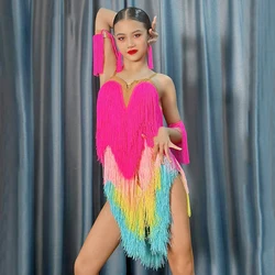 Colorful Fringed Latin Dance Dress Girls Rainbow Gradient Tassels Performance Dress Kids Latin Dance Competition Wear SL9714