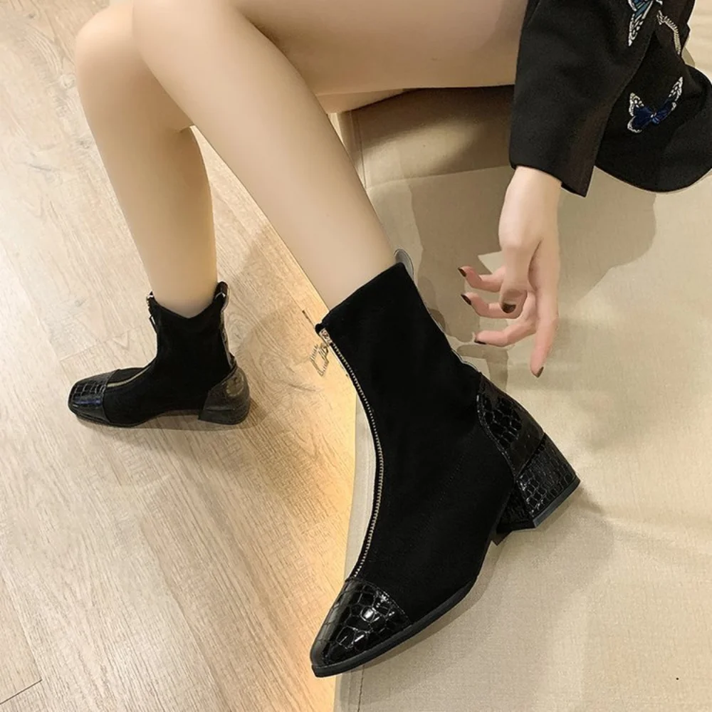 Front Zipper Autumn and Winter New 2022 Temperament Women\'s Boots Short Boots Thick Heel Elastic Fashion Women\'s Shoes Ankle