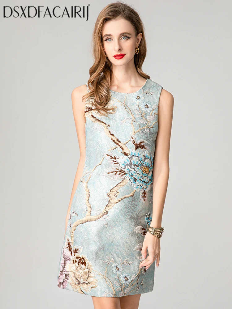 

DSFACAIRIJ Women's O-Neck Sleeveless Mini Dress Vintage Beading Jacquard Vest Fashion for Early Autumn Female