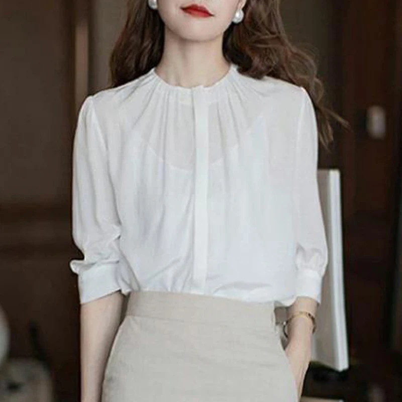 Women\'s Korean Fashion Ruffled White Short Sleeve Shirt Office Lady Elegant Business Casual Blouse Summer O Neck Loose Chic Tops