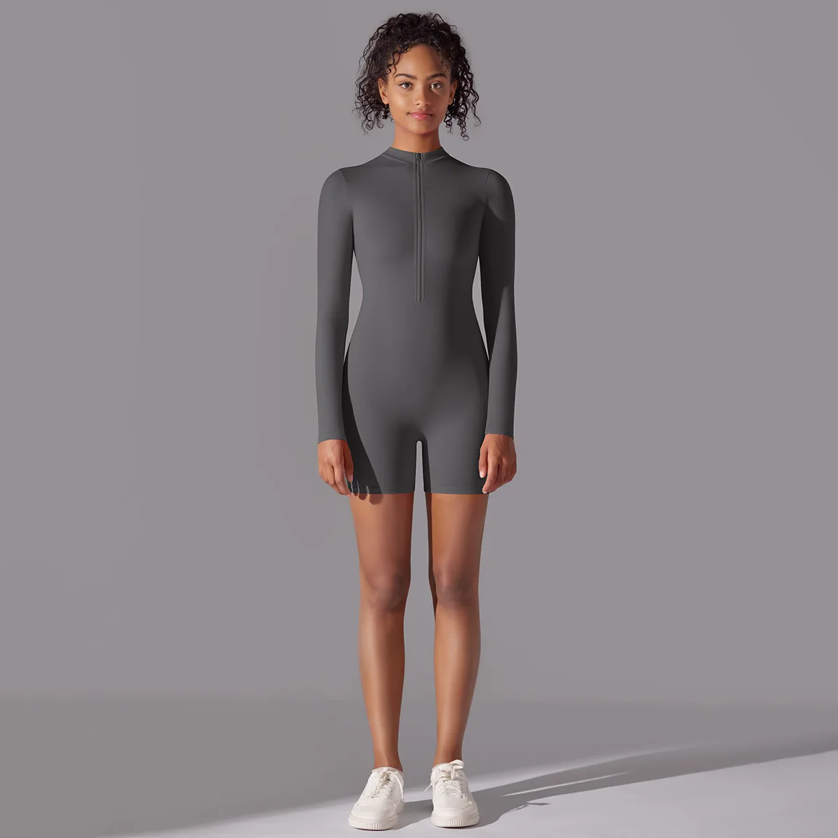 

Seamless Gym workout Bodysuit Built-in Bra Cup Front Zipper Yoga Jumpsuit Sports Fitness Running Long Sleeve Shorts Yoga Clothes