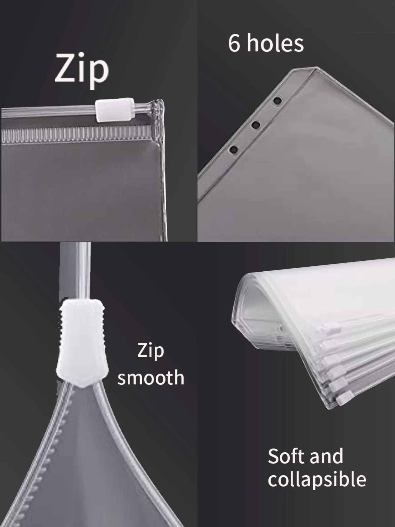 24pcs 6 Holes Clear Plastic Envelopes with Zipper, Clear Money Envelopes for Cash, Cash Envelope Binder, Money Organizer