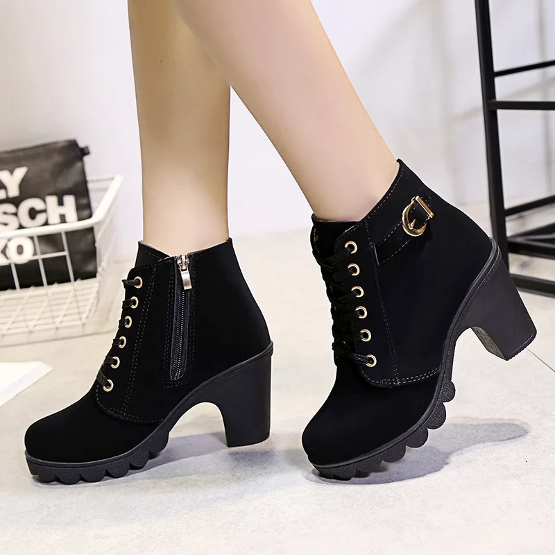 

Women's Boots Fall Winter High Heel Chunky Casual Short Boots Buckle Leisure Booties PU Leather Sheepskin Rubber Sole