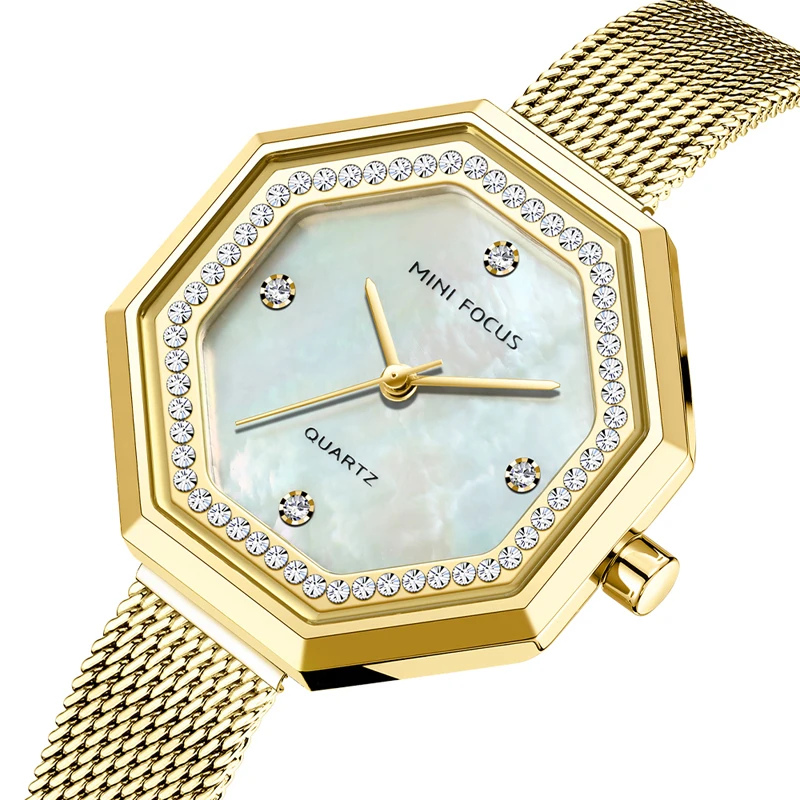 MINI FOCUS MF0304L Octagon Diamonds Watch Elegant Waterproof Blue Mesh Stainless Steel Band Women Quartz Watches