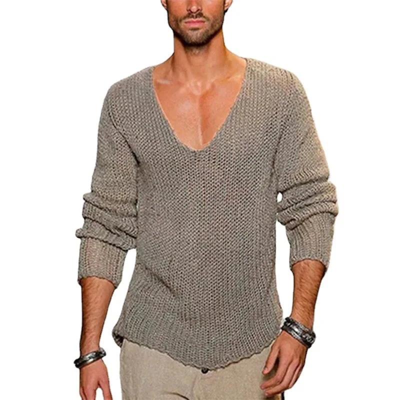 

Men's Sweater Long Sleeved V-neck Loose Fashionable and Casual Solid Color Knitted Pullover Mens Clothing