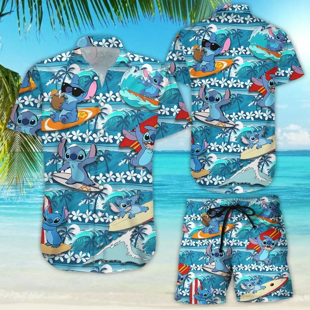 Disney Stitch Men Women Hawaiian Shirt Set of 2 Vintage Button Up Shirt Board Shorts Casual Set Summer Disney Hawaiian Shirt Set