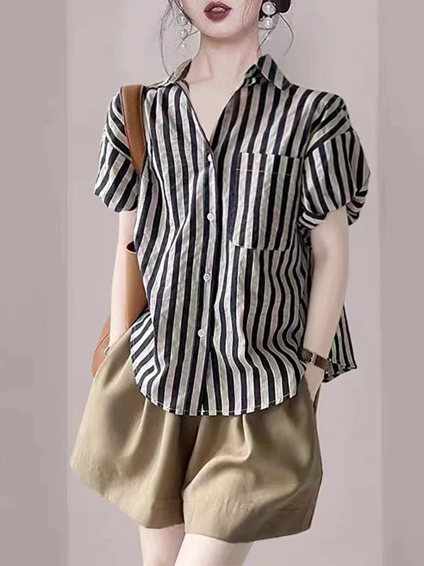 

Summer 2025 Women's Striped irt Loose Fit ort Sve Faionable Beautiful Korean Sle Bubble Sve Ne Top