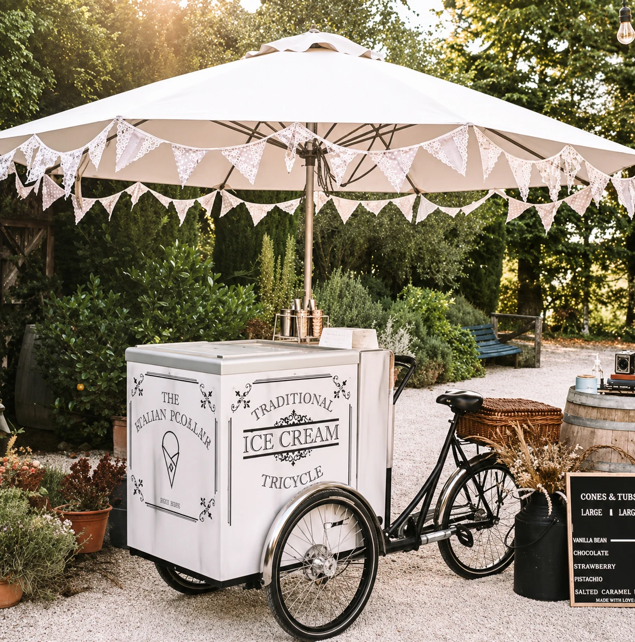 

Vintage Style Ice Cream Tricycle Cart Mobile Dessert Bike with Large Umbrella for Outdoor Wedding Party Catering