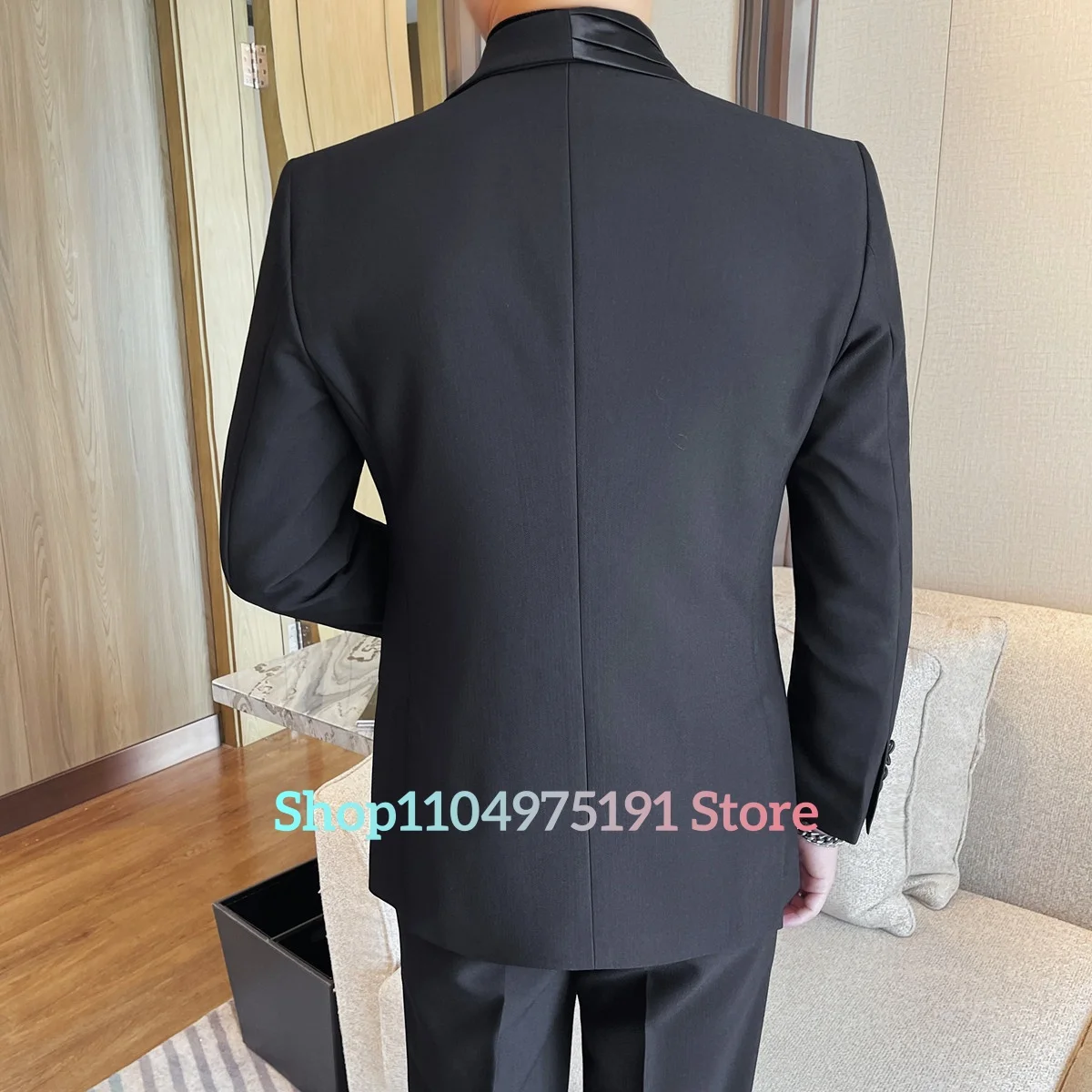 صدر مزدوج، ياقة شال، بدلة ترفيهية مرقعة، بدلة رجالية ضيقة مكونة من قطعتين. بدلة رجالية مكونة من قطعتين (سترة + بنطلون) #5