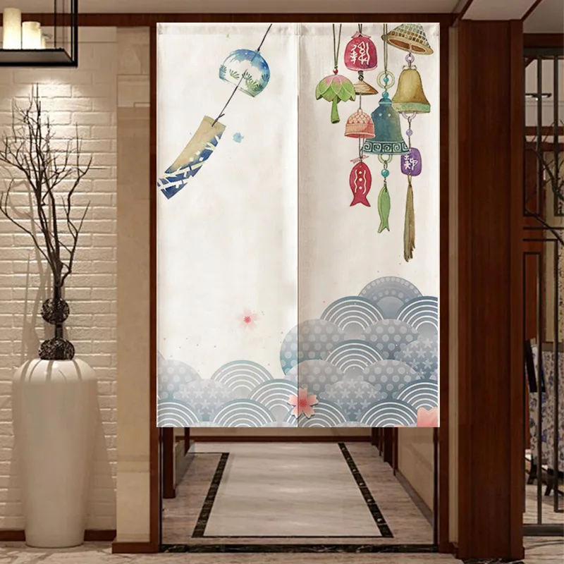 Traditional Japanese Noren Curtain with Wind Chime & Fish Design for Home, Restaurant Door Decor