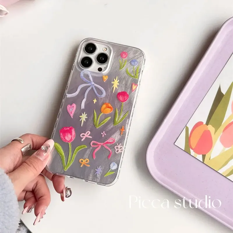 Ins Colorful flowers Phone Case For iPhone16Pro Max15 14 13 12 11 XR XS Max7 8Y2K Senior  Feather gauzeSoft anti fall Phone Case