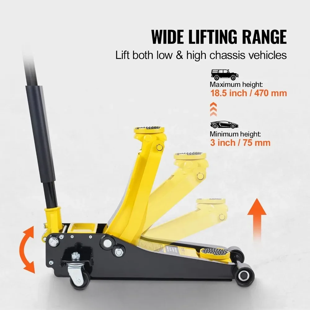 2 Ton Low Profile Floor Jack, 4400 lbs Hydraulic Racing Car Jack, Dual Piston Quick Lift, 3-18.5