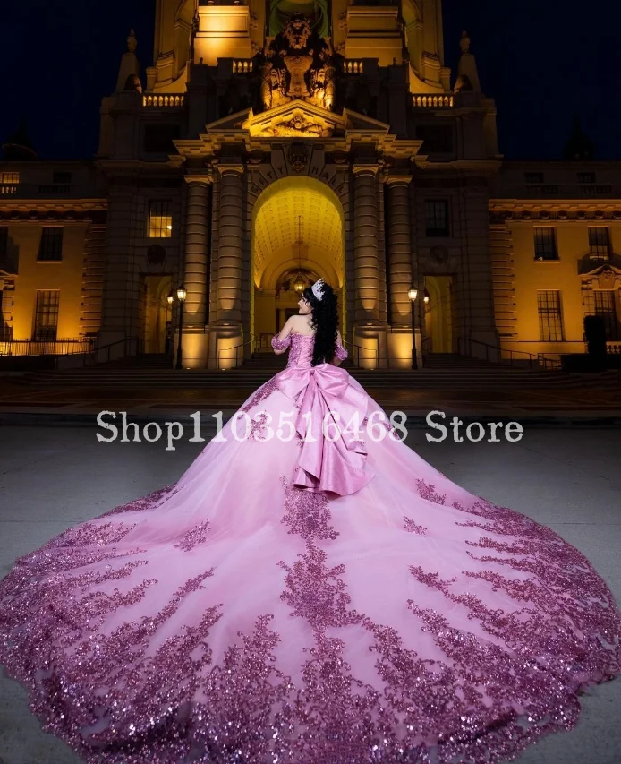 Rosa Prinzessin Quinceanera-Kleider, Ballkleider 2024, Mieder mit Pailletten, Kristallapplikationen, 15-Kleid, individuelles Quinceanera-Kleid