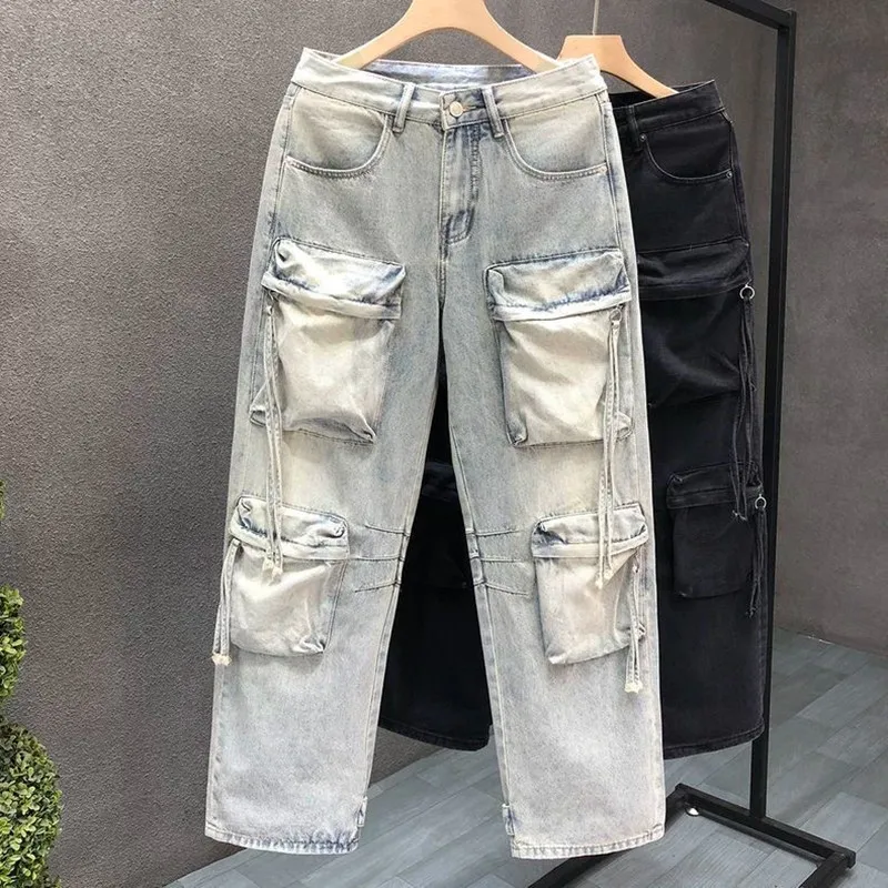 Spring and Autumn New Fashionable Solid Color Straight Tube Multi Pocket Jeans for Men's Casual Loose Sports High Quality Pants